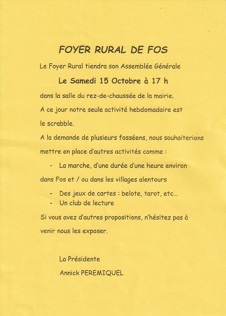 Samedi 15 octobre / Assemblée générale du Foyer Rural de Fos