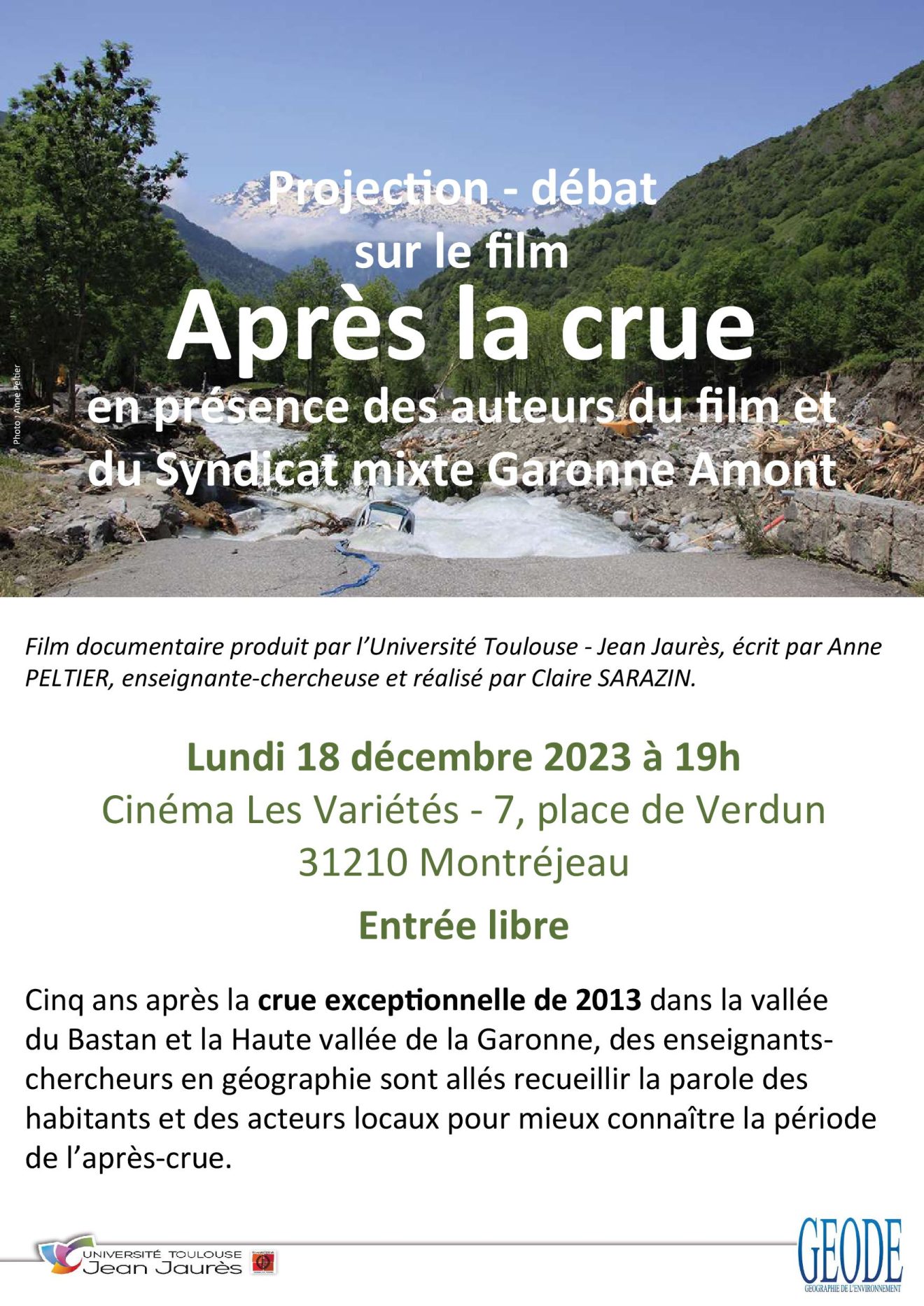 Lundi 18 décembre / Projection-débat au cinéma Les variétés de Montréjeau / ＂Après la crue＂